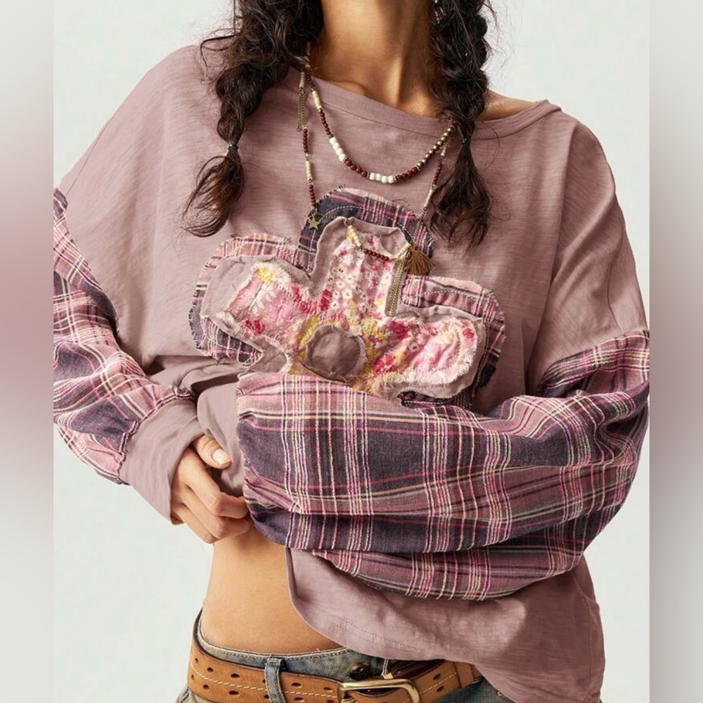 Plaid Patchwork Flower Top NWT - image 3